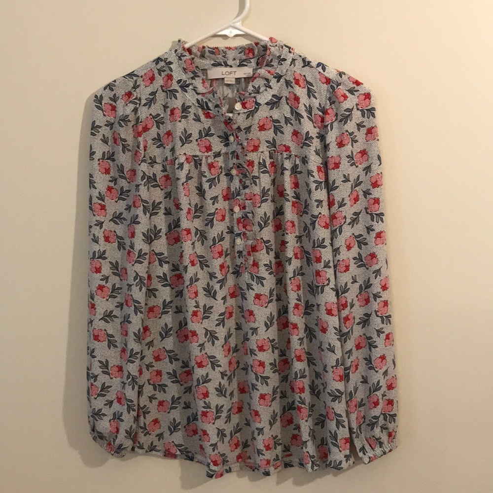 Loft floral ruffle mixed media long sleeve blouse